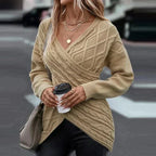 Women's Cable Knit Wrap Front V-Neck Jumper, Khaki, view 1