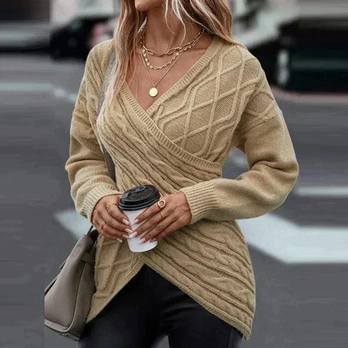 Women's Cable Knit Wrap Front V-Neck Jumper, Khaki, view 1