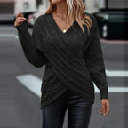 Women's Cable Knit Wrap Front V-Neck Jumper, Black, view 3