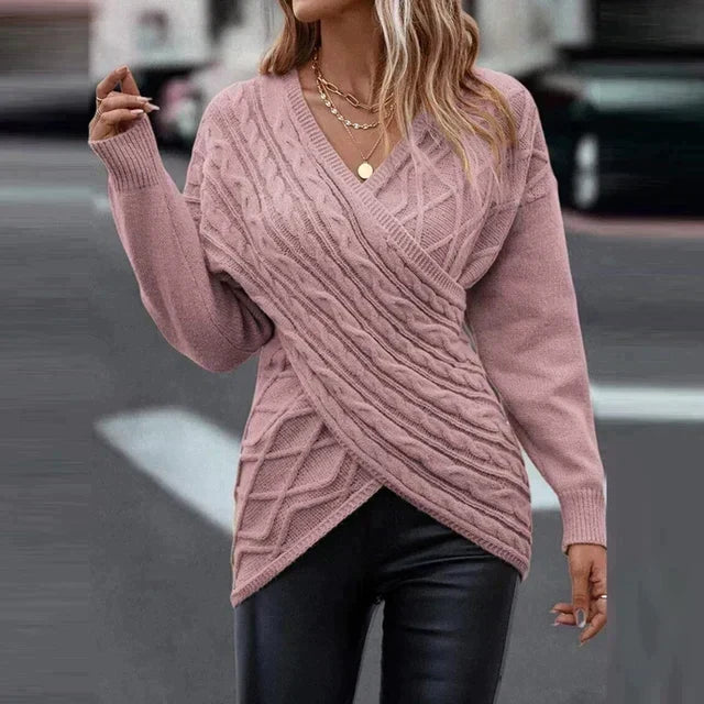 Women's Cable Knit Wrap Front V-Neck Jumper, Pink, view 4