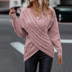 Women's Cable Knit Wrap Front V-Neck Jumper, Pink, view 4
