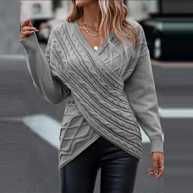 Women's Cable Knit Wrap Front V-Neck Jumper, Grey, view 5