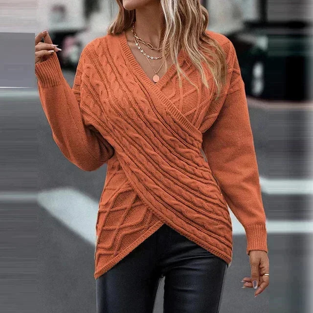 Women's Cable Knit Wrap Front V-Neck Jumper, Orange, view 6
