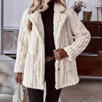 Women's Cable-Textured Teddy Coat with Wide Collar, White, view 1