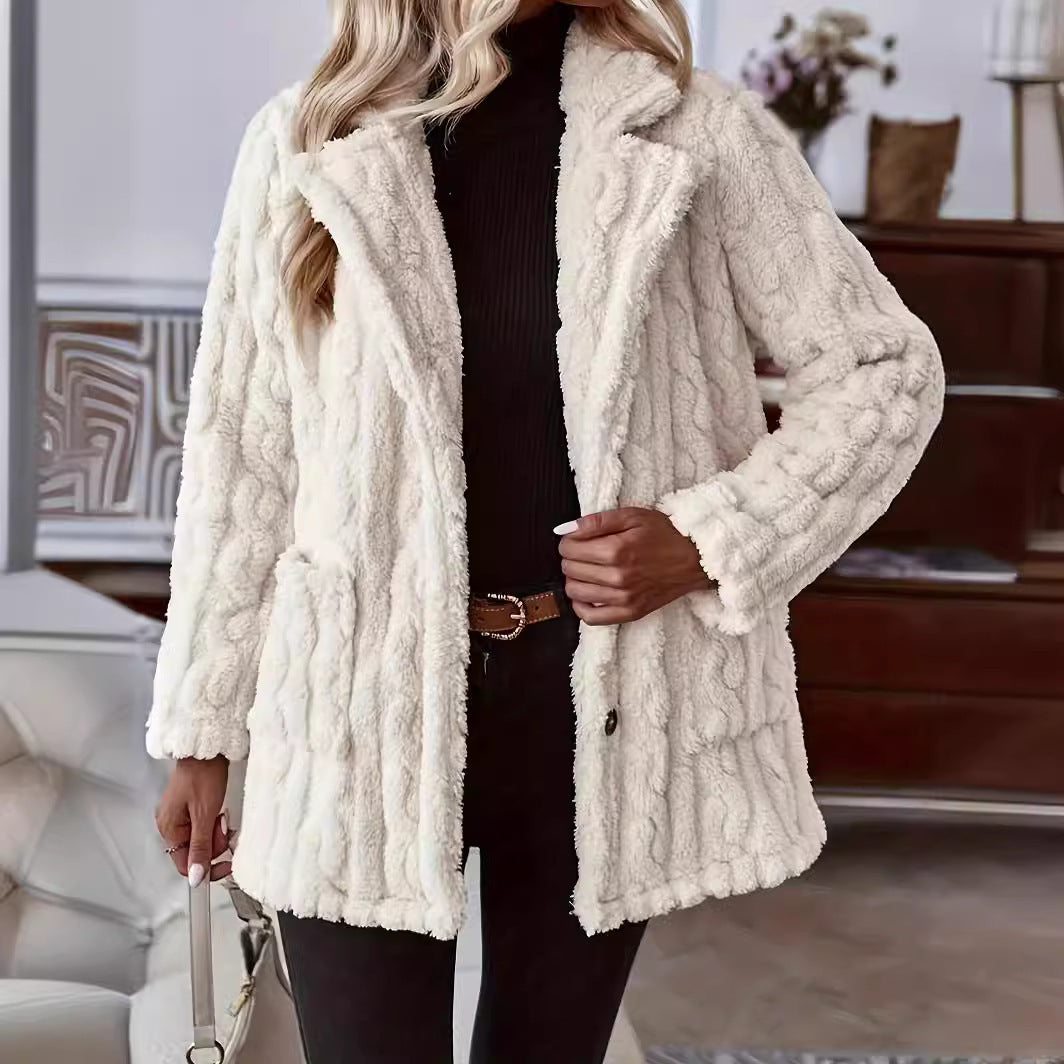 Women's Cable-Textured Teddy Coat with Wide Collar, White, view 1