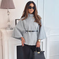 Women's Cape Sleeve Knit Jumper with High Neck and Gold-Tone Button, Grey, view 1