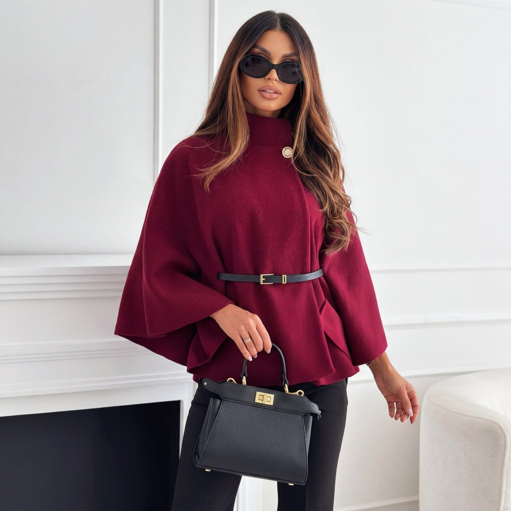 Women's Cape Sleeve Knit Jumper with High Neck and Gold-Tone Button, Burgundy, view 3