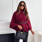 Women's Cape Sleeve Knit Jumper with High Neck and Gold-Tone Button, Burgundy, view 3