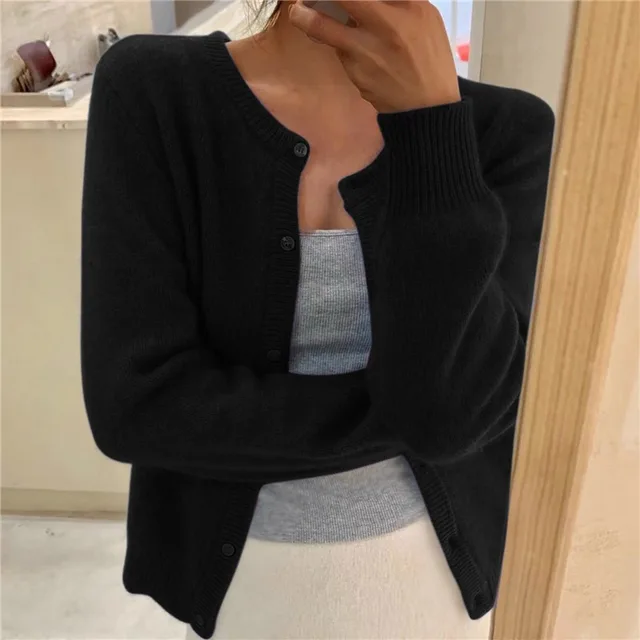 Women's Soft Knit Cardigan with Button Front, Black, view 2