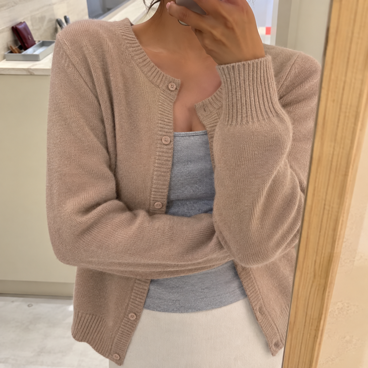 Women's Soft Knit Cardigan with Button Front, Khaki, view 5