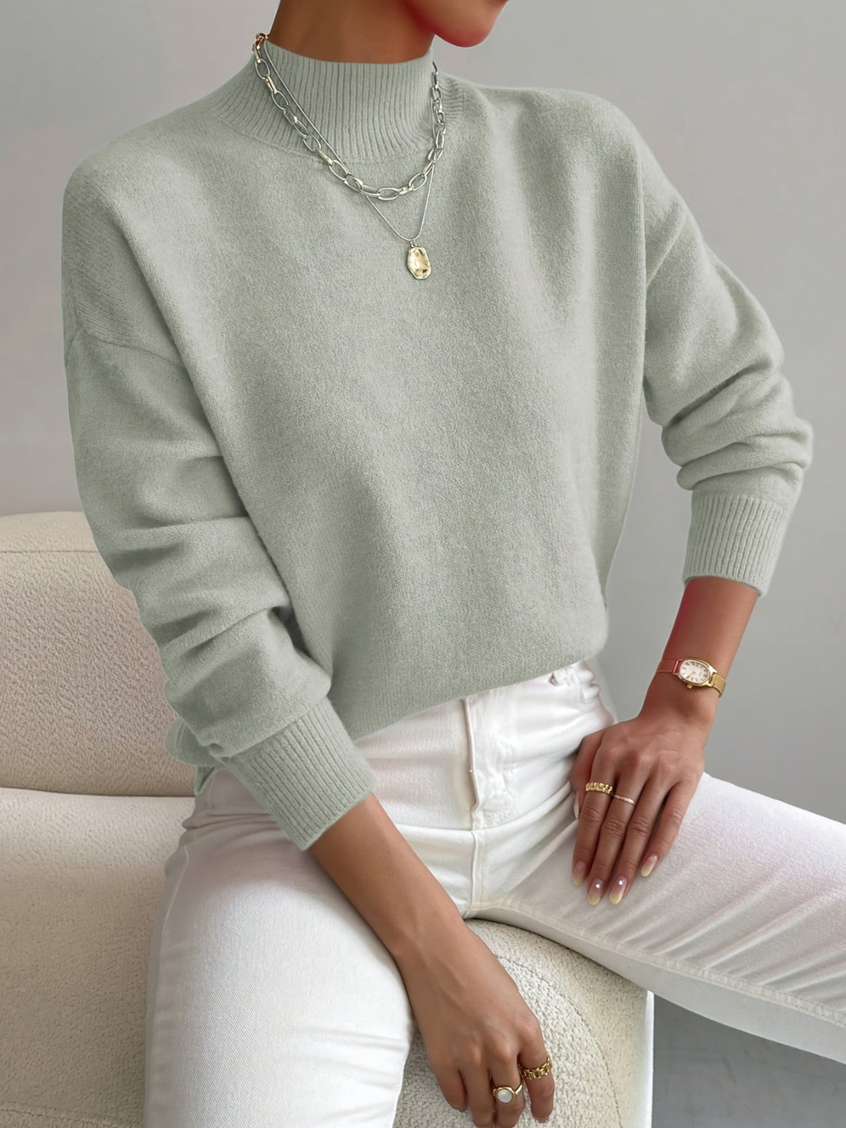 Women's Mock Neck Fine-Knit Jumper, Light Green, view 1