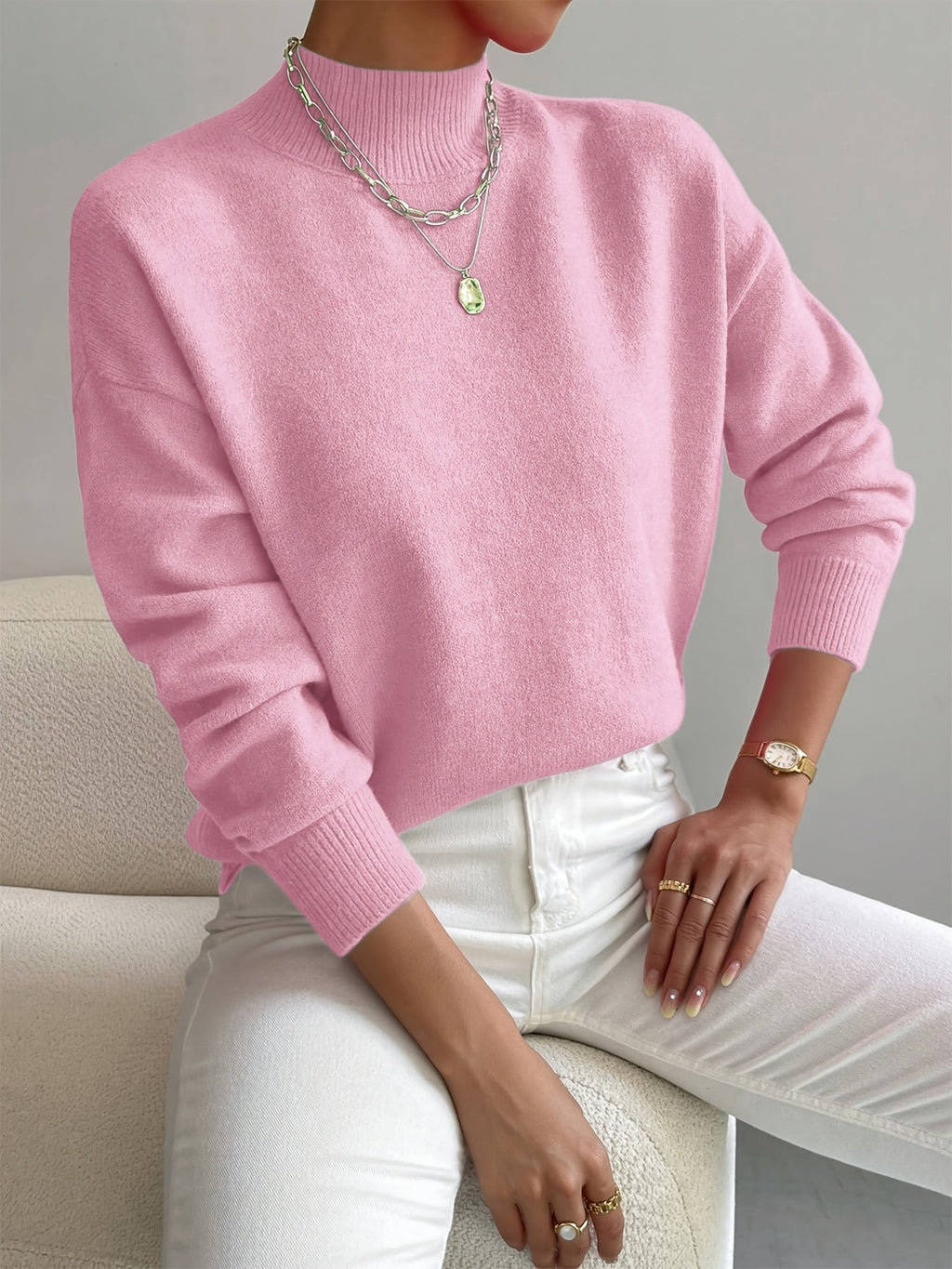 Women's Mock Neck Fine-Knit Jumper, Light Pink, view 3