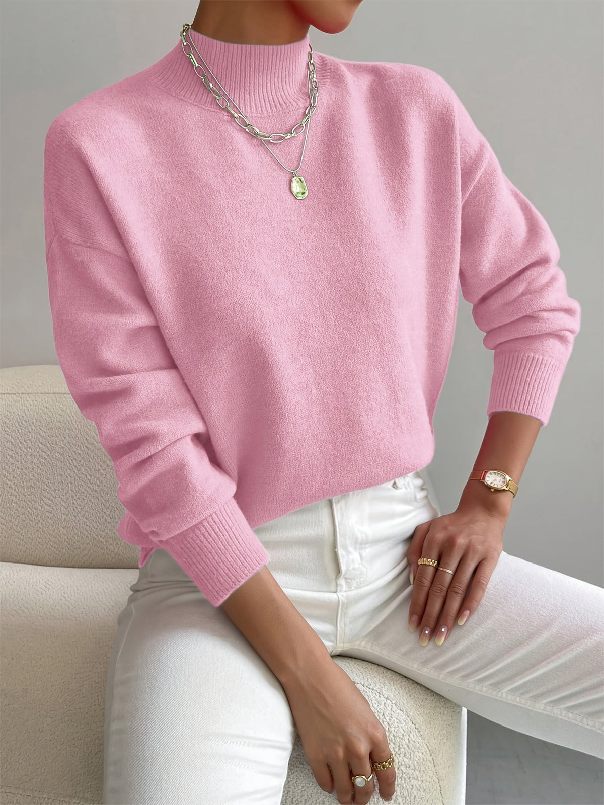 Women's Mock Neck Fine-Knit Jumper, Light Pink, view 3