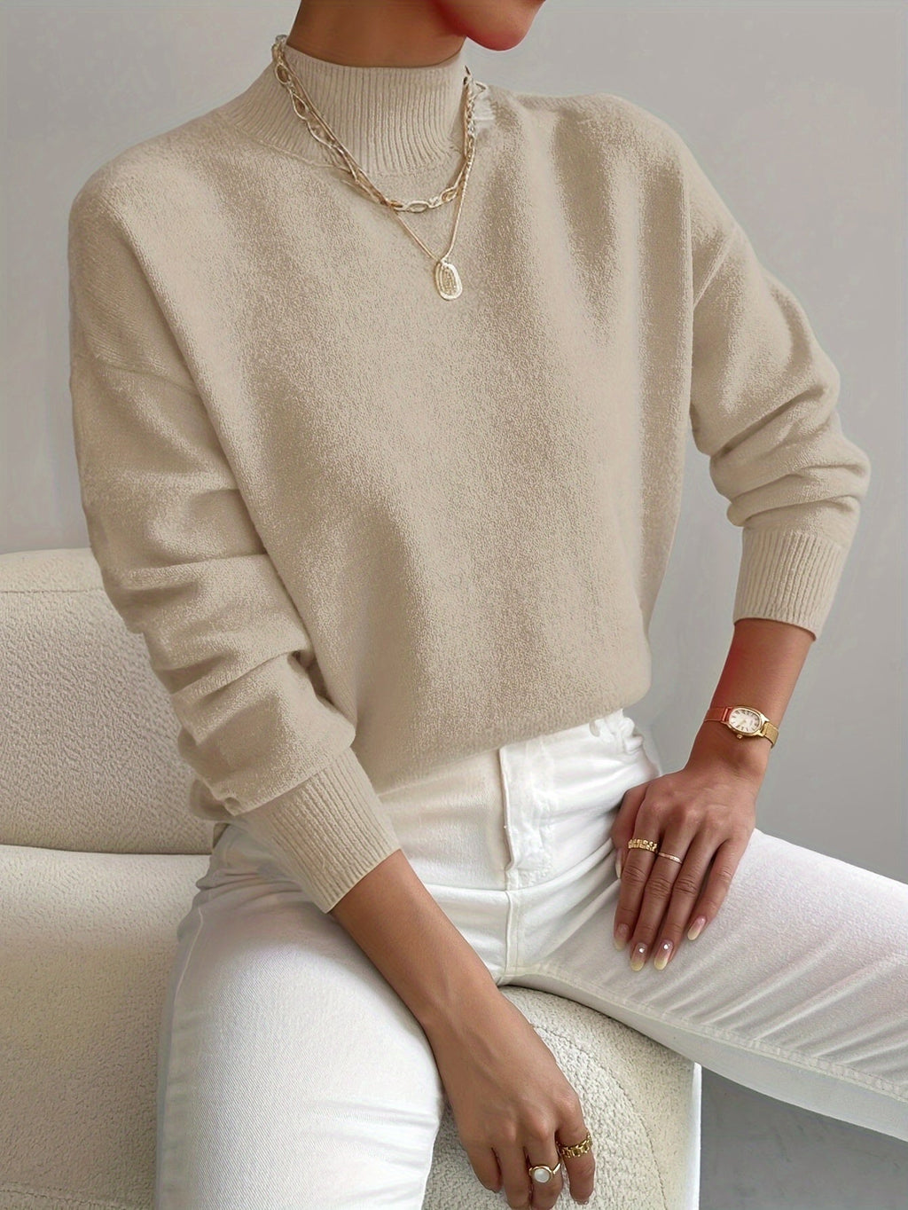 Women's Mock Neck Fine-Knit Jumper, Beige, view 5