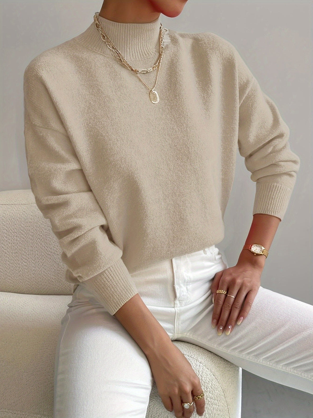Women's Mock Neck Fine-Knit Jumper, Beige, view 5