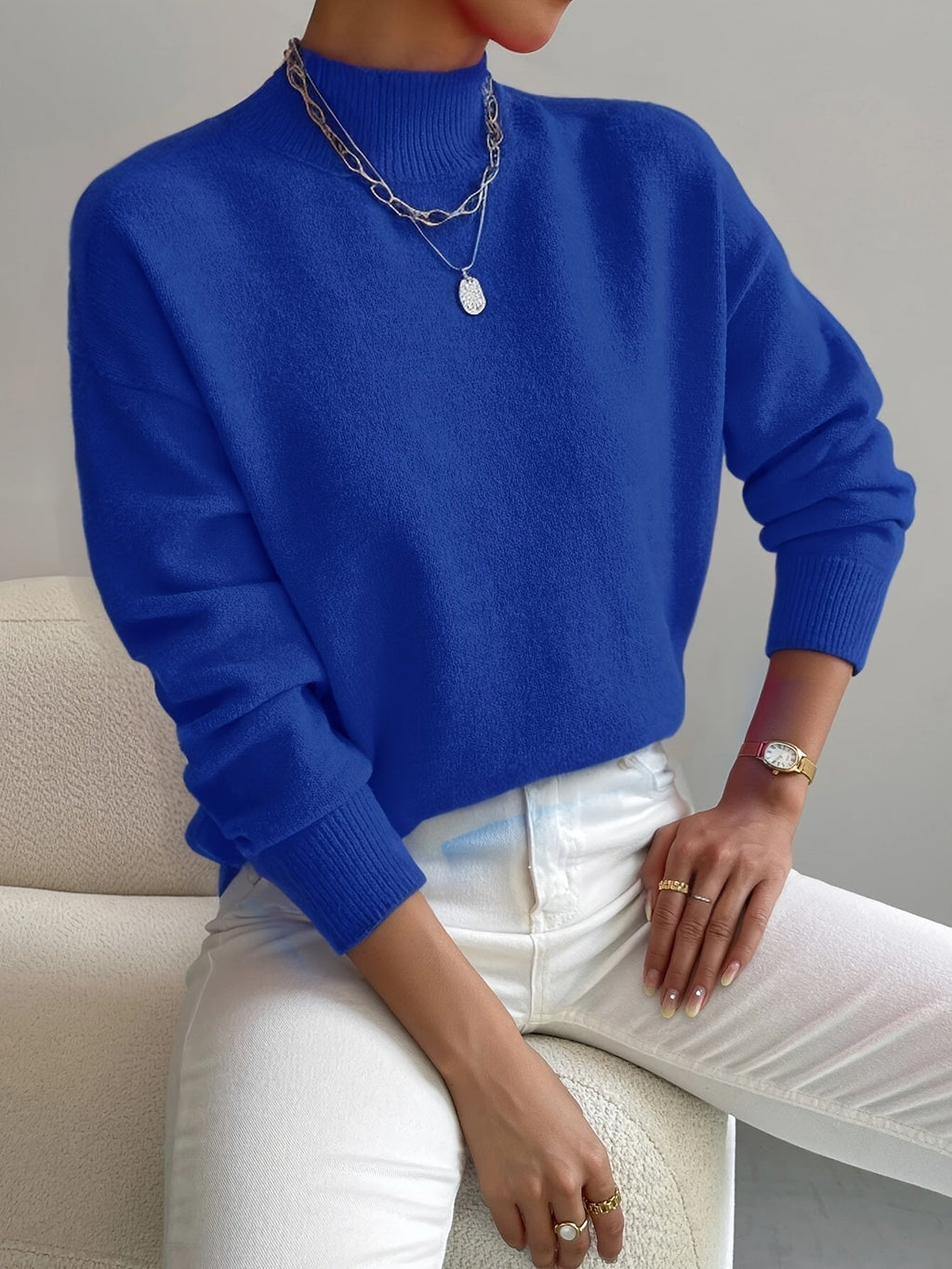 Women's Mock Neck Fine-Knit Jumper, Blue, view 9