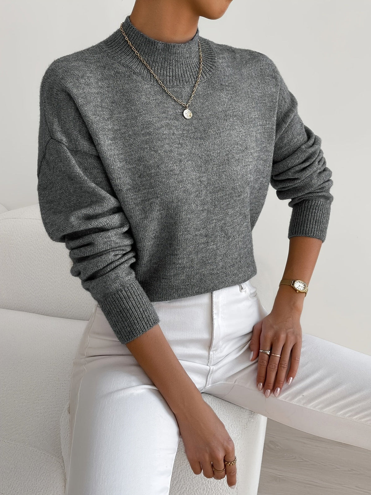 Women's Mock Neck Fine-Knit Jumper, Dark Grey, view 10