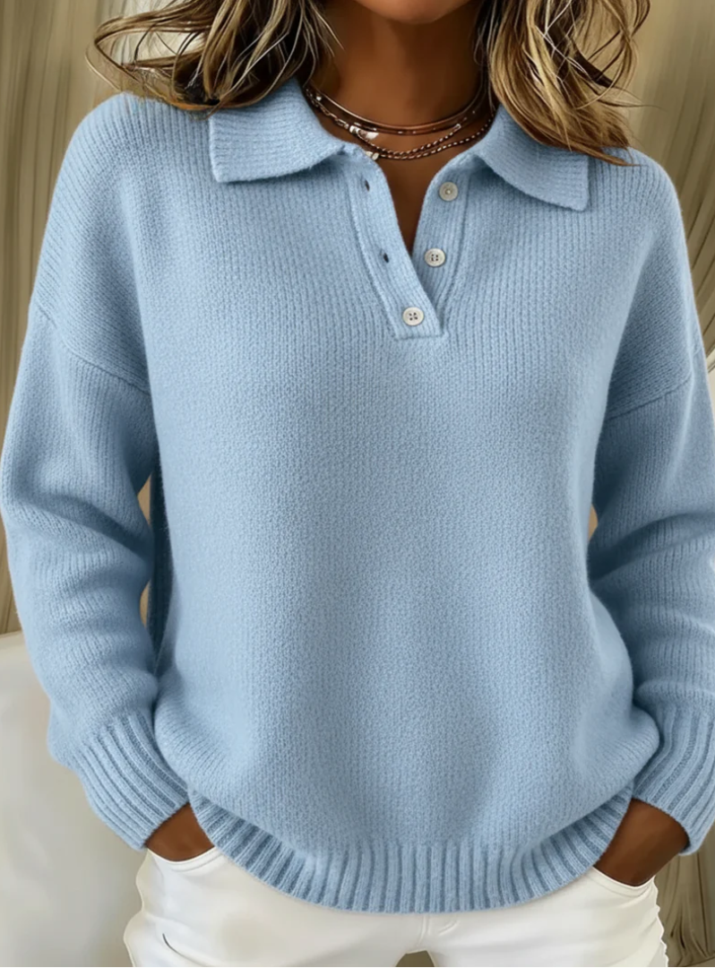 Women's Polo Collar Button-Neck Knit Jumper, Blue, view 1