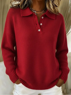 Women's Polo Collar Button-Neck Knit Jumper, Red, view 6