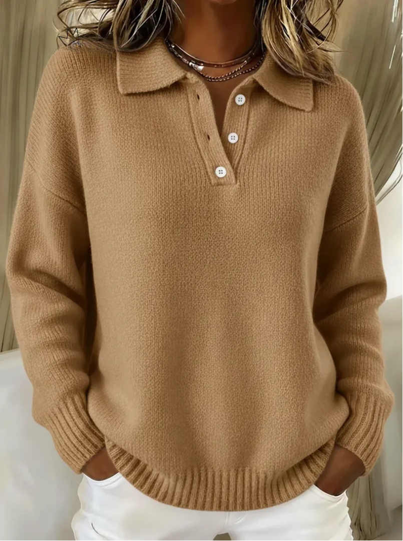 Women's Polo Collar Button-Neck Knit Jumper, Khaki, view 10