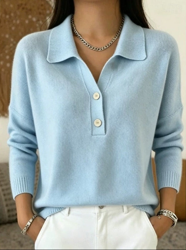Women's Polo Collar Knit Jumper with Button Placket, Blue, view 1