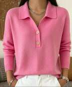 Women's Polo Collar Knit Jumper with Button Placket, Pink, view 4
