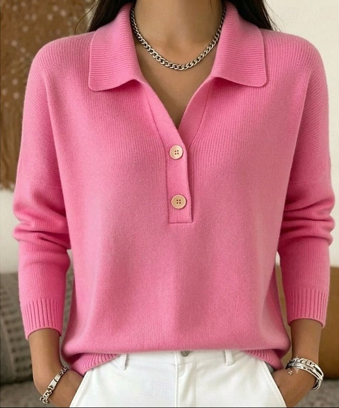 Women's Polo Collar Knit Jumper with Button Placket, Pink, view 4