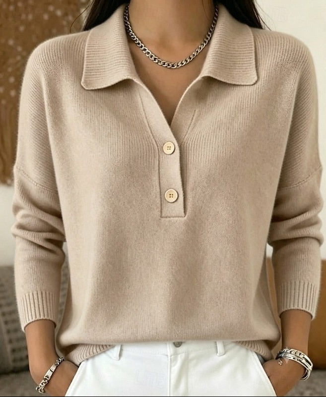 Women's Polo Collar Knit Jumper with Button Placket, Khaki, view 6