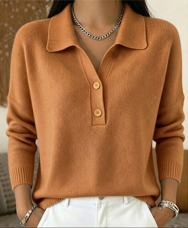 Women's Polo Collar Knit Jumper with Button Placket, Brown, view 8