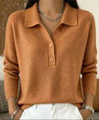 Women's Polo Collar Knit Jumper with Button Placket, Brown, view 8
