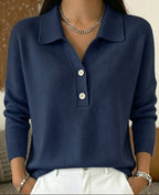 Women's Polo Collar Knit Jumper with Button Placket, Dark blue, view 10