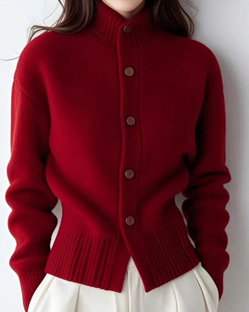 Women's Stand Collar Knit Cardigan with Button Front, Red, view 1