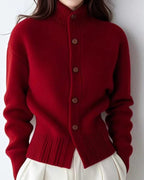Women's Stand Collar Knit Cardigan with Button Front, Red, view 1