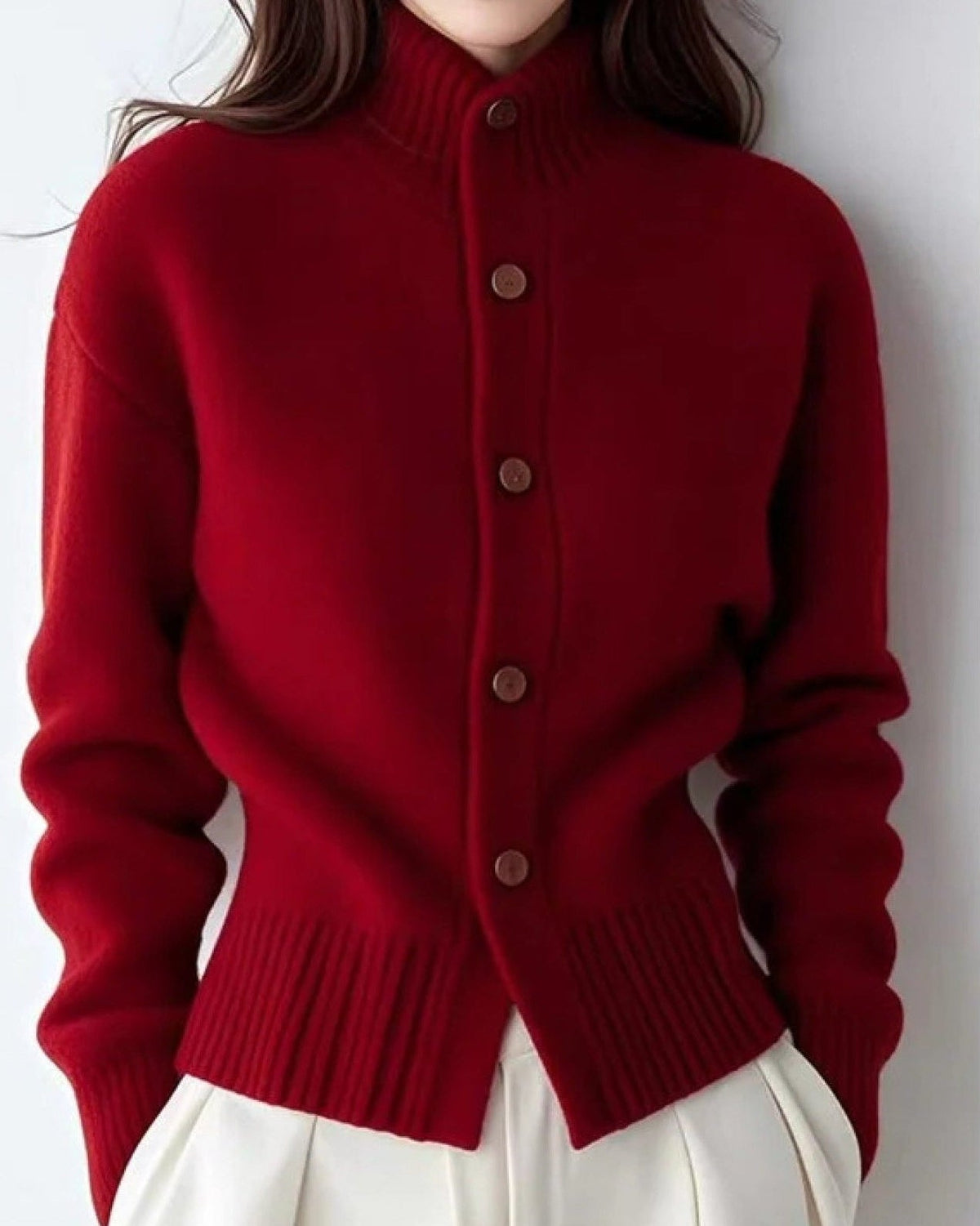Women's Stand Collar Knit Cardigan with Button Front, Red, view 1