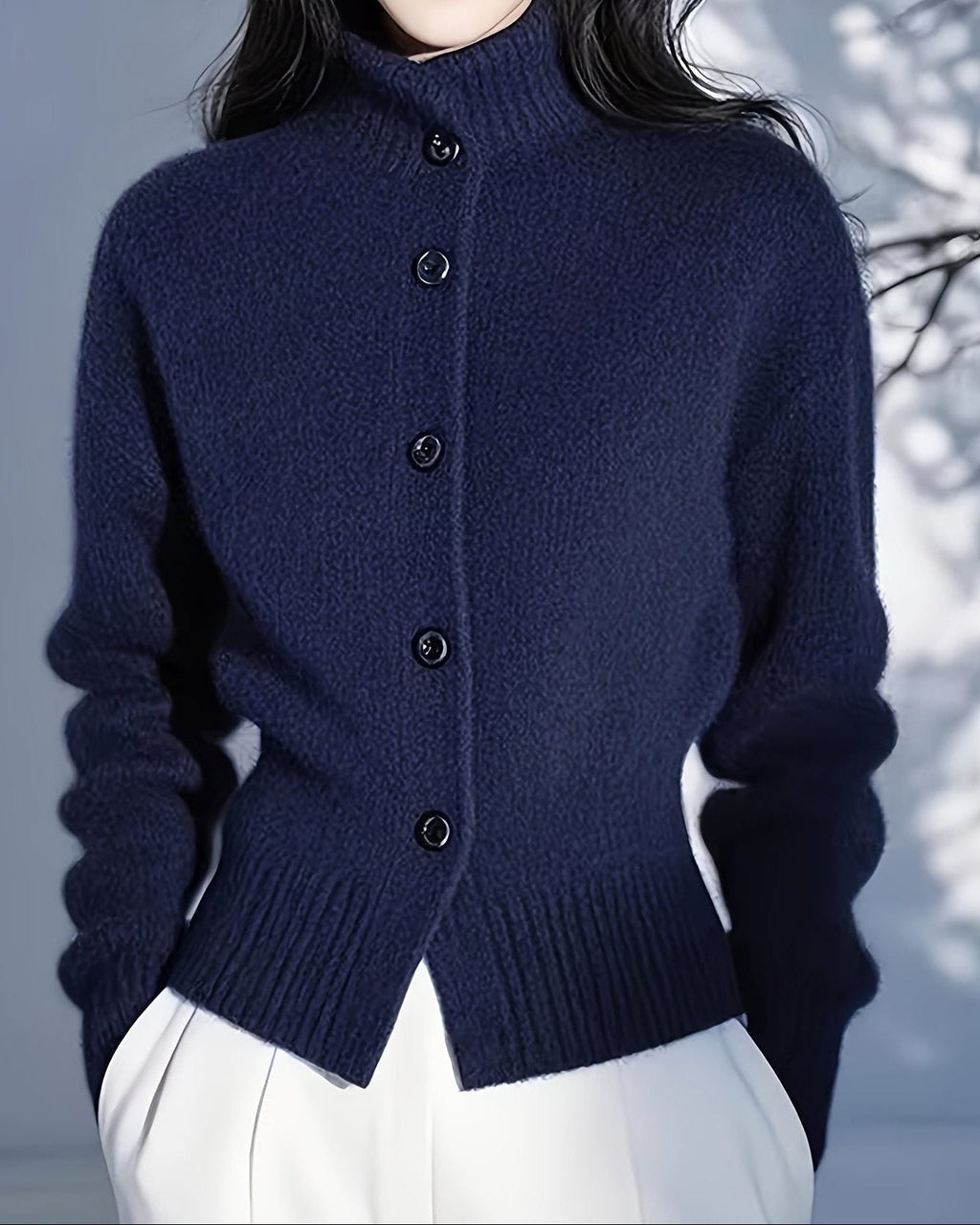 Women's Stand Collar Knit Cardigan with Button Front, Navy Blue, view 4