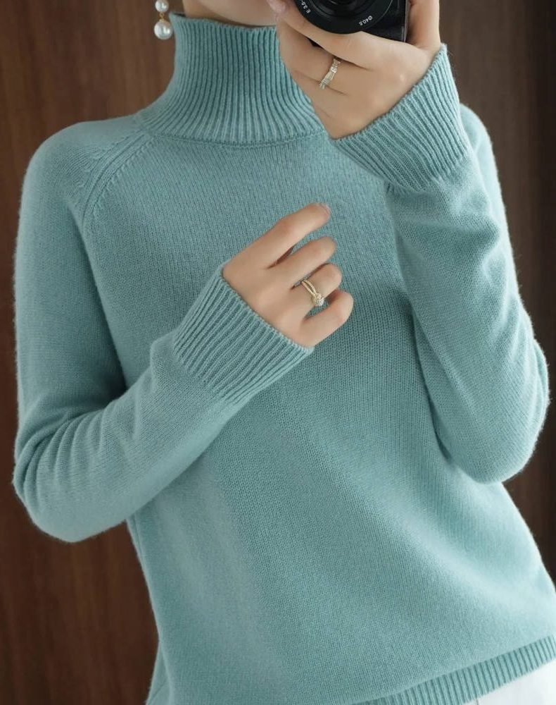 Women's Turtleneck Knit Jumper with Raglan Sleeves, Mint Green, view 2