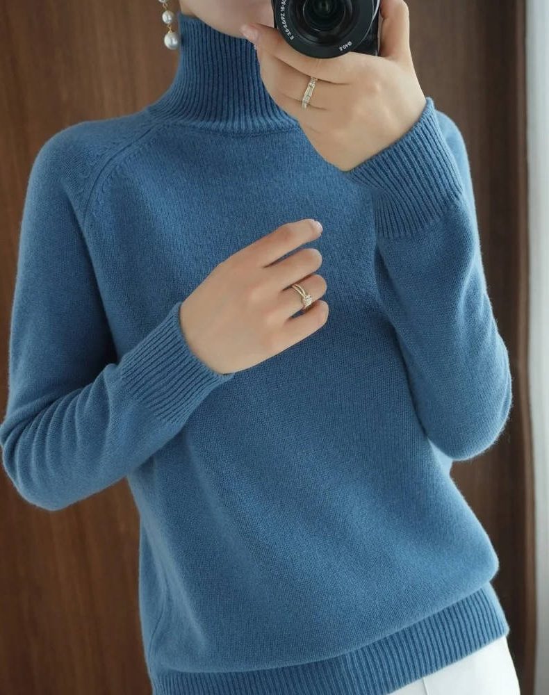 Women's Turtleneck Knit Jumper with Raglan Sleeves, Blue, view 3