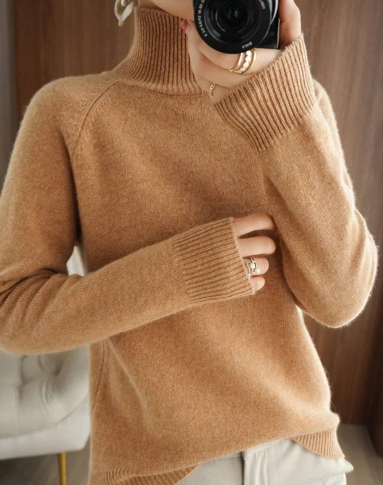 Women's Turtleneck Knit Jumper with Raglan Sleeves, Camel, view 5