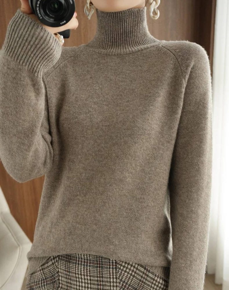 Women's Turtleneck Knit Jumper with Raglan Sleeves, Beige, view 6
