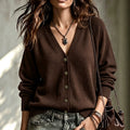 Women's V-Neck Knit Cardigan with Bronze Buttons, Brown, view 1