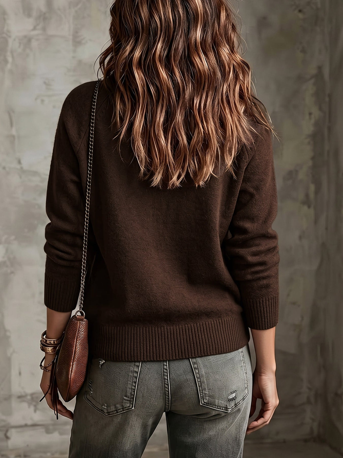 Women's V-Neck Knit Cardigan with Bronze Buttons, view 2
