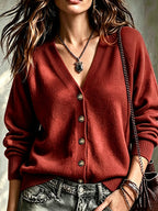 Women's V-Neck Knit Cardigan with Bronze Buttons, Red, view 3