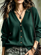 Women's V-Neck Knit Cardigan with Bronze Buttons, Green, view 4