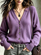 Women's V-Neck Knit Cardigan with Bronze Buttons, Purple, view 6