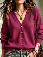 Women's V-Neck Knit Cardigan with Bronze Buttons, Pink, view 7