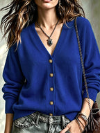 Women's V-Neck Knit Cardigan with Bronze Buttons, Blue, view 8