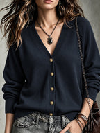 Women's V-Neck Knit Cardigan with Bronze Buttons, Navy Blue, view 9
