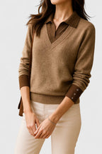 Women's V-Neck Jumper with Polo Collar and Contrast Cuffs, Brown, view 1