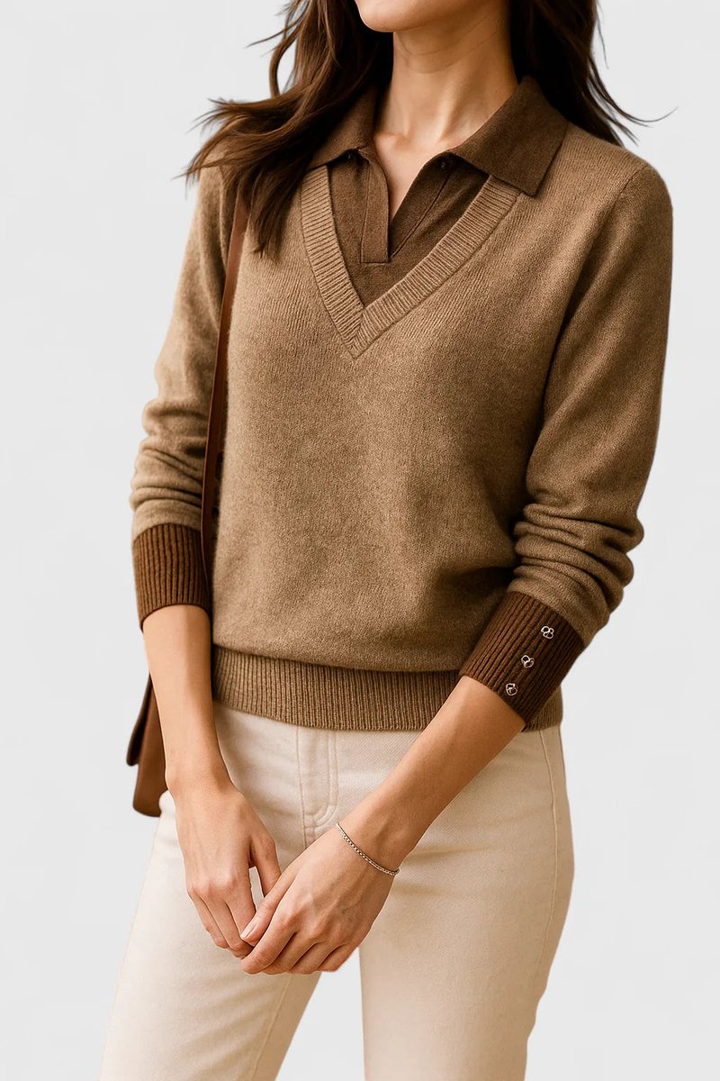 Women's V-Neck Jumper with Polo Collar and Contrast Cuffs, Brown, view 1