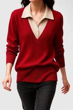 Women's V-Neck Jumper with Polo Collar and Contrast Cuffs, Red, view 2